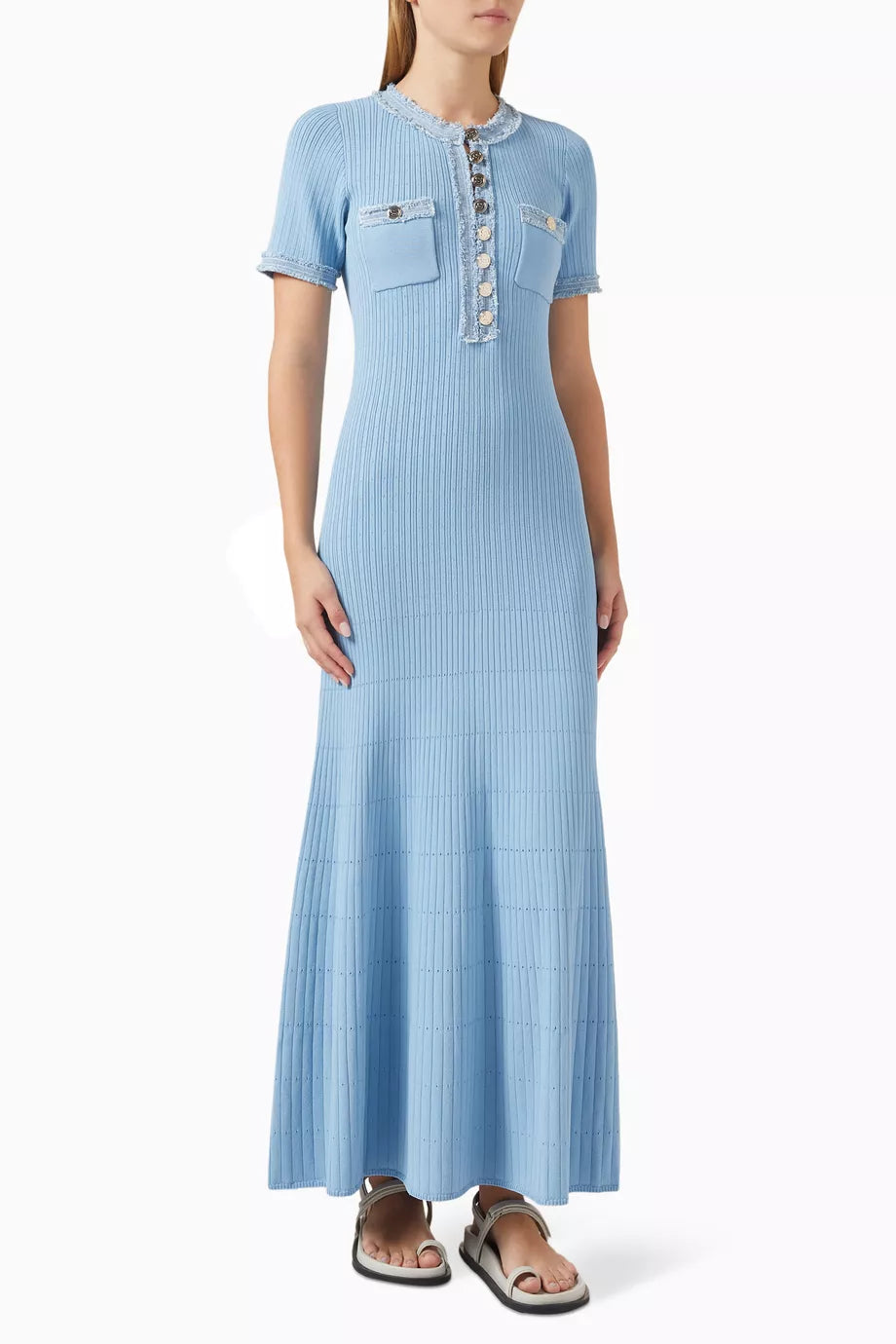 Denim Trim Knitted Maxi Dress