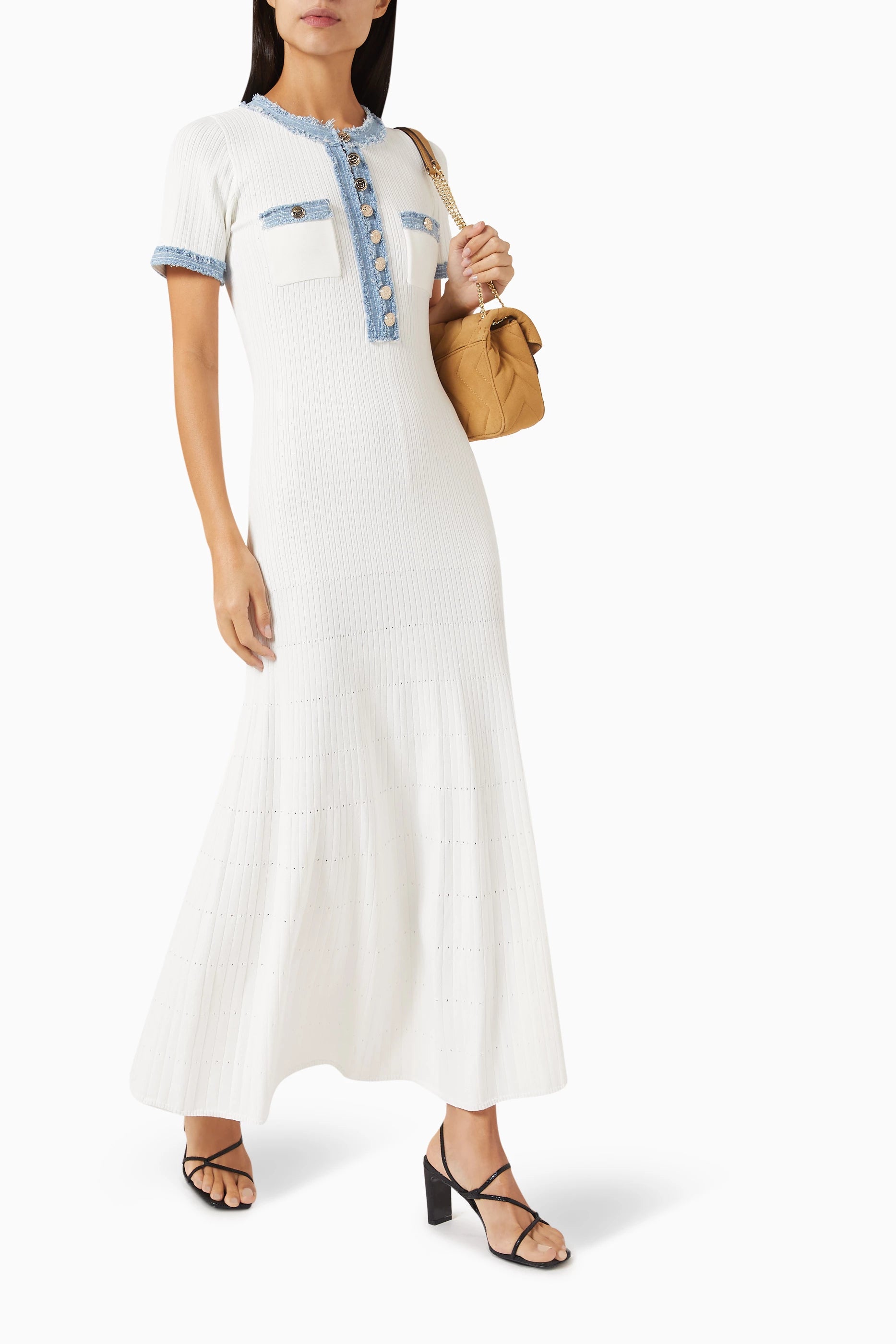 Denim Trim Knitted Maxi Dress